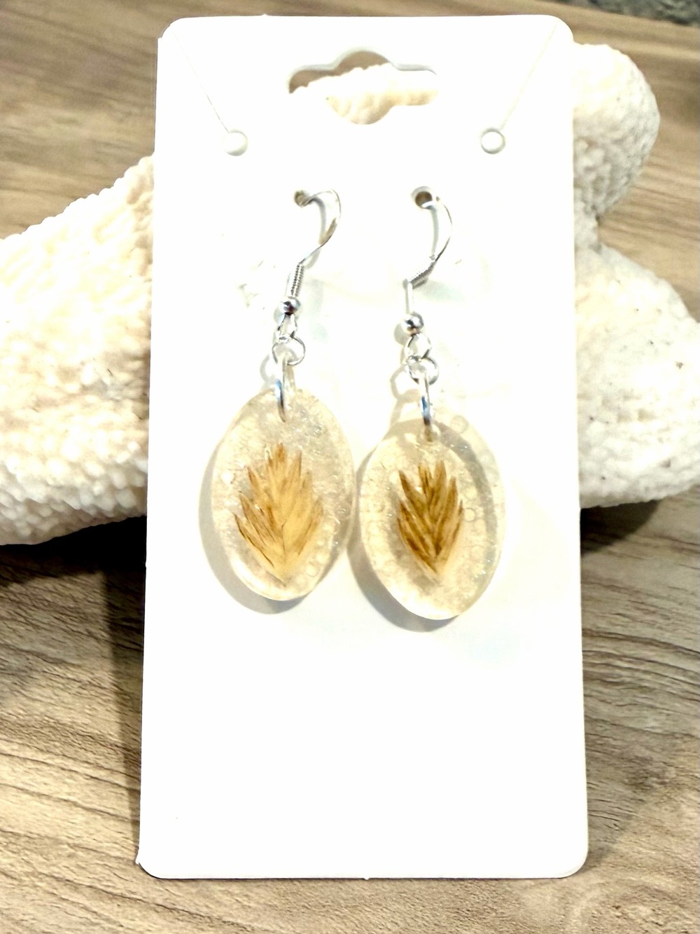 118. Handmade Clear Resin Earrings with sea oats and beach sand